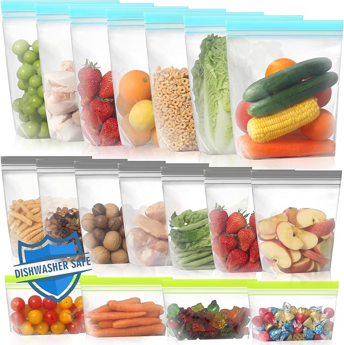 Lerine 18 Pack Reusable Freezer Bags Dishwasher Microwave Safe, Stand Up BPA by Lerine