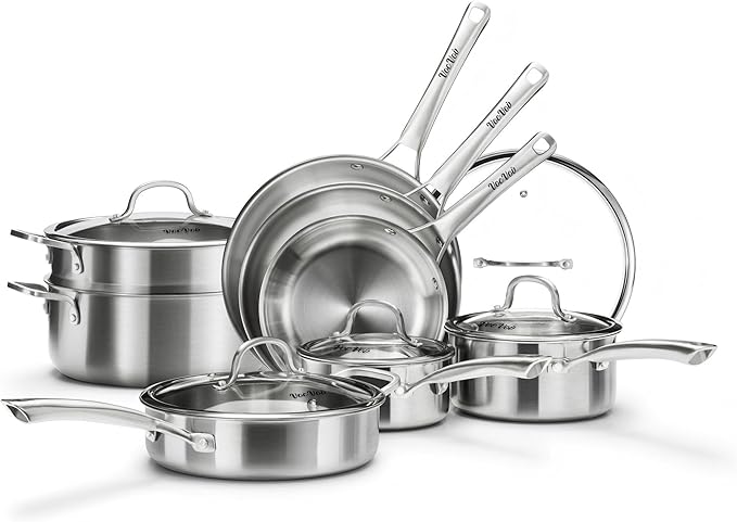 Stainless Steel Cookware Set, Tir-Ply Pots and Pans Set, PFOA Free, Frying Pans by VocVoi