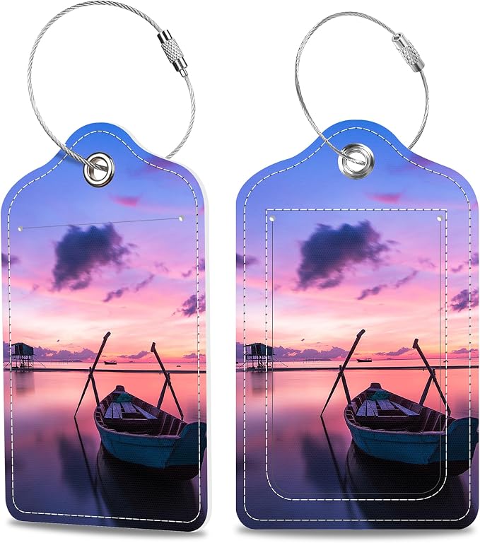 Set of 2 Luggage Tags Sea and Boat at Sunset Leather Suitcases Tag by MSEAANBK