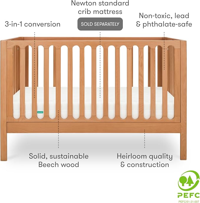 Newton Baby Galileo Standard Crib, Solid Beech Wood in Chestnut Color, 3-in-1 - Image 5