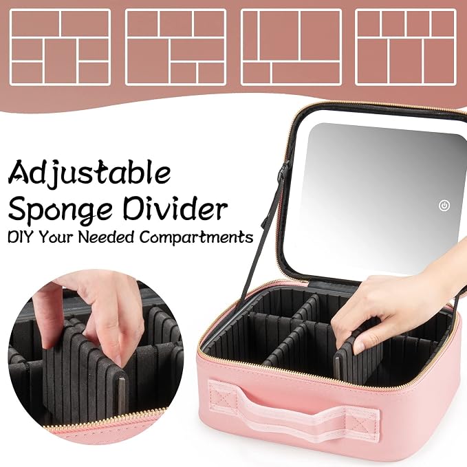 Makeup Travel Train Case with Mirror LED Light 3 Adjustable Brightness Large - Image 3