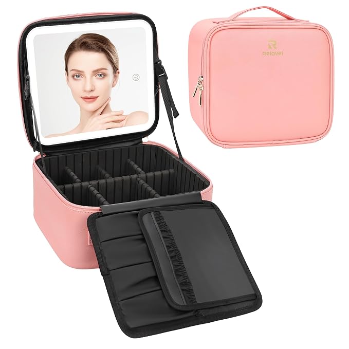 Relavel Travel Makeup Bag With LED Mirror Portable Travel Makeup Organizer 3 - Image 8