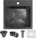 15 x 15 inch Drop in Bar Sink Black, Gunmetal Black Bar Sink 18 Gague Topmount by Winnpex