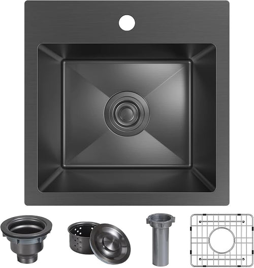 15 x 15 inch Drop in Bar Sink Black, Gunmetal Black Bar Sink 18 Gague Topmount by Winnpex