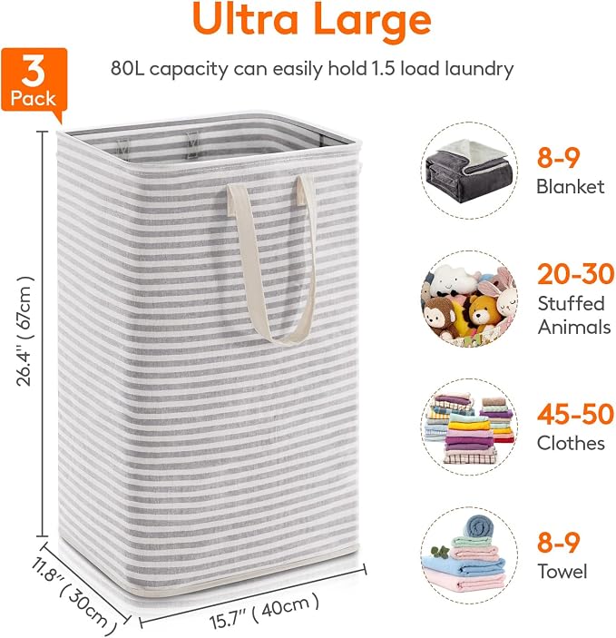 Lifewit 3 Pack Laundry Hamper Large Collapsible Laundry Baskets, Freestanding - Image 3