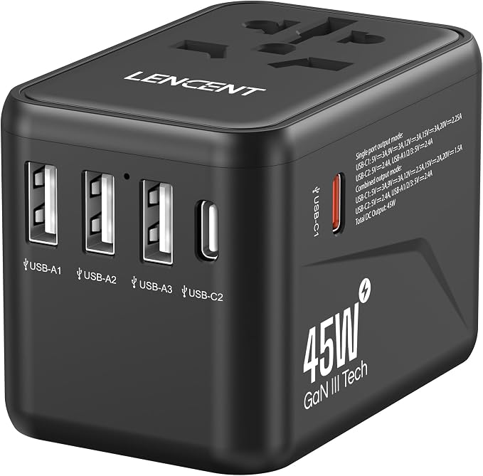 LENCENT Universal Travel Adapter, GaN III 45W International Charger by LENCENT