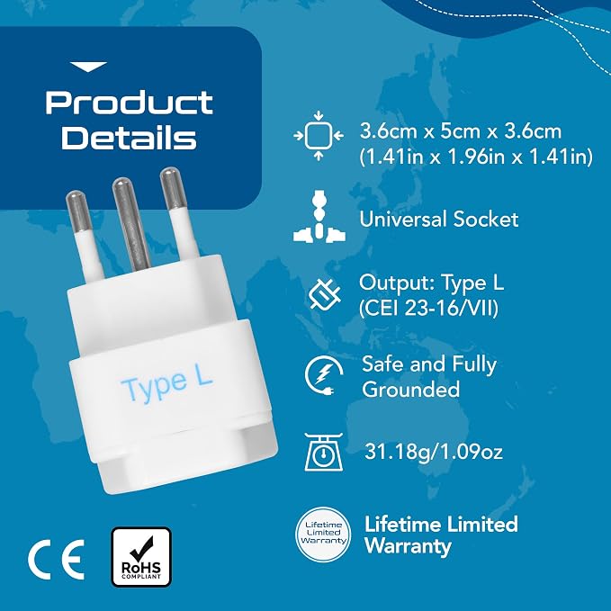 Ceptics Italy Power Adapter, Type L plug adapter, Universal Travel Adapter Chile - Image 4