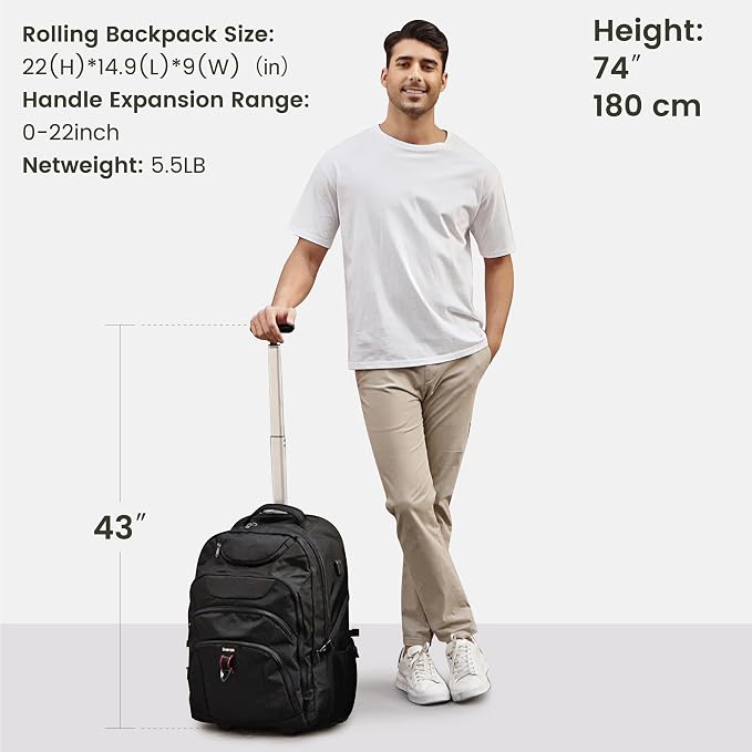 Boavan Wheeled Backpack, 18.4 inch Water Resistant Rolling Backpack, Carry on - Image 4