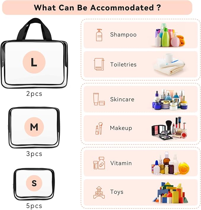 TISRATOK 10 PCS Clear Travel Makeup Toiletry Bag, Plastic PVC Cosmetic TSA - Image 3
