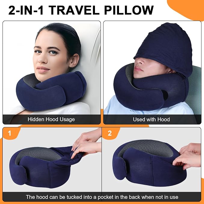 Travel Pillow - Hooded Neck Pillow Airplane Memory Foam Filling - Image 2