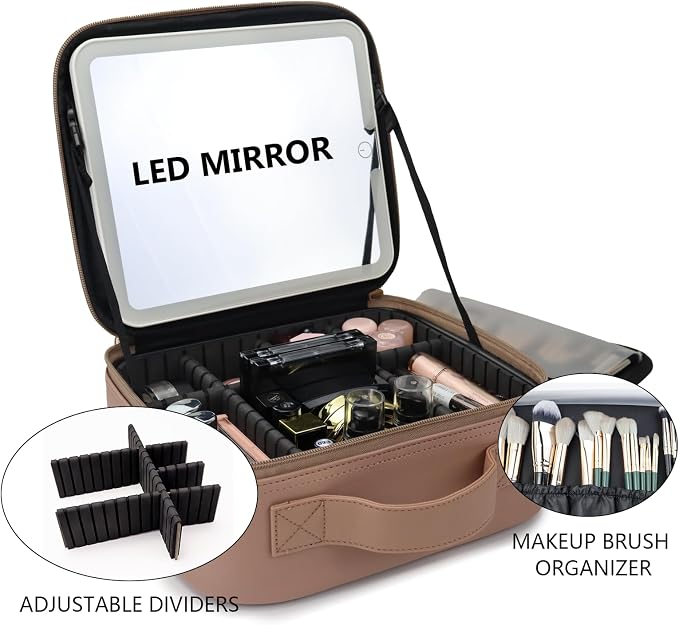 Travel Makeup Bag with LED Mirror Travel Makeup Organizer with 3 Lighted - Image 8