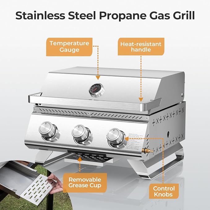 R.W.FLAME Premium 3 Burner Tabletop Propane Gas Grill Stainless Steel Portable - Image 3