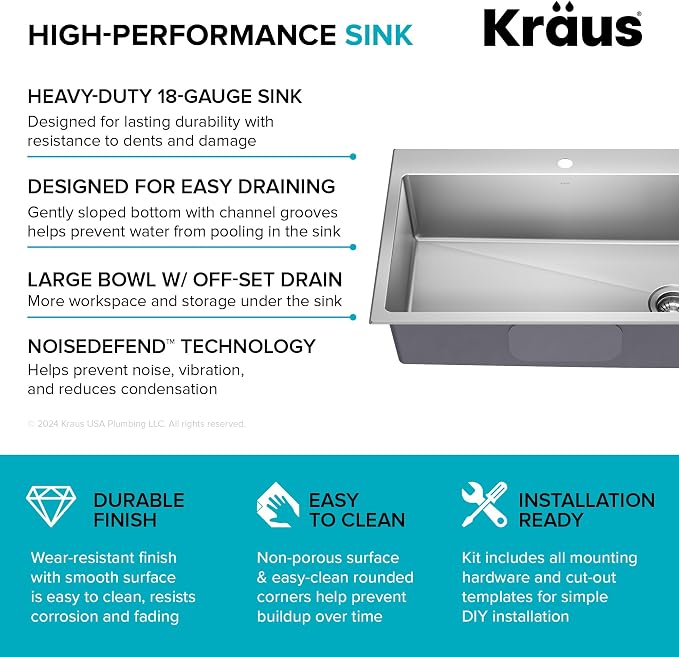 KRAUS Fairlane 33-inch Drop In/Top Mount Single Bowl 18-Gauge Stainless Steel - Image 5
