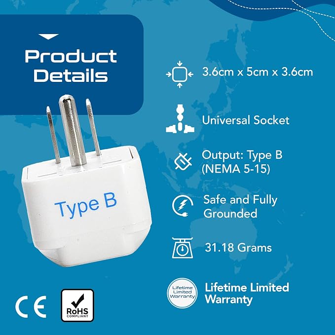 Ceptics Europe to US plug adapter, Type B USA Plug adapter compatible - Image 7
