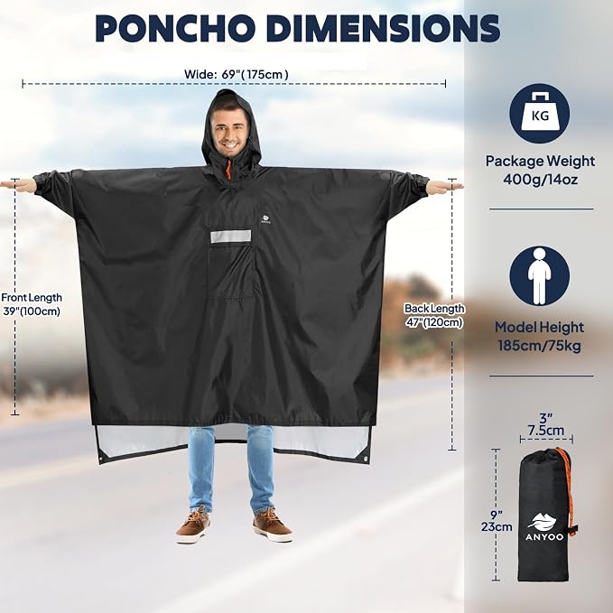 ANYOO Hooded Rain Poncho for Adults Waterproof Lightweight Rain Coat for Men - Image 2