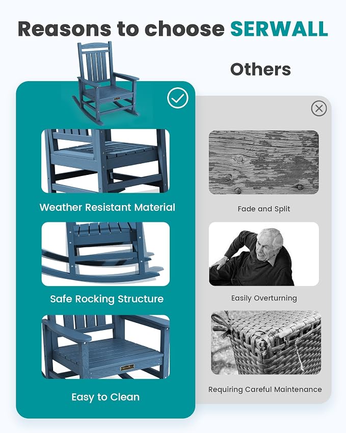 SERWALL Outdoor Rocking Chair Set of 2, HDPE Patio Rocking Chair All-Weather - Image 6