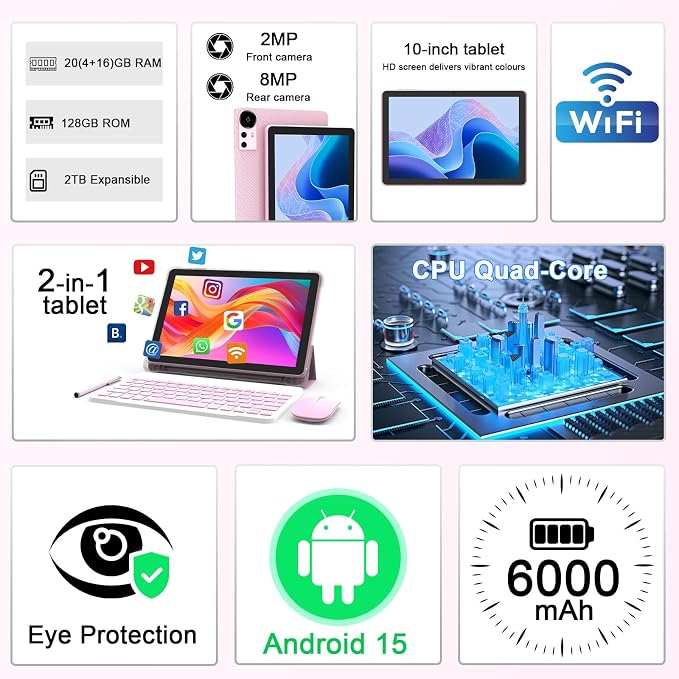 Android 15 Tablet 10 Inch, 20GB RAM+128GB ROM/2TB Expandable, 2 in 1 Tablets - Image 2