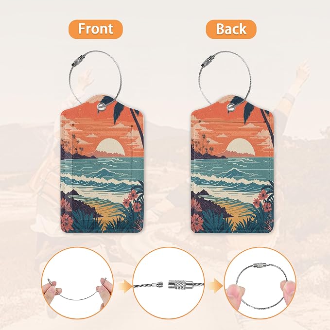 2 Pcs Luggage Tags for Suitcase, Tropical Palm Ocean Landscape Vintage Luggage - Image 3