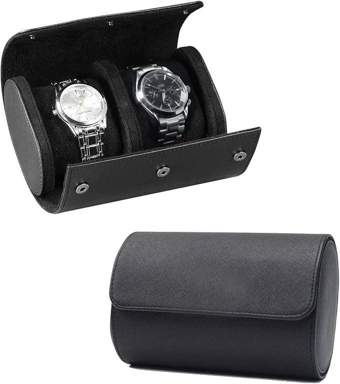 Watch Travel Case, Luxury Leather Watch Roll 2 Slot Organizer Box, Jewelry by Rudmox