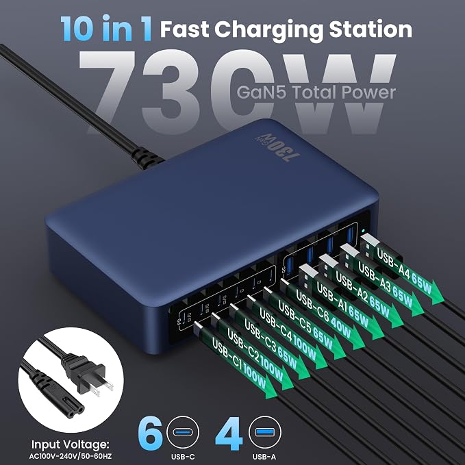 730W USB C Charger Block, 10-Ports GaN V Fast Charging Station Hub, QC4.0+3 PD - Image 3
