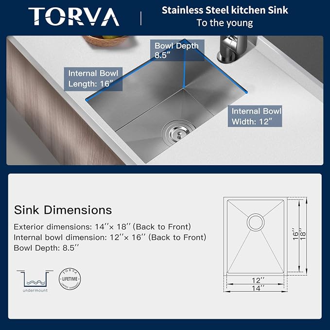 TORVA 14 x 18 Inch Undermount Kitchen Sink, Premium 304 Stainless Steel Bar Sink - Image 4
