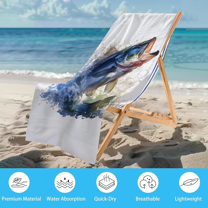 WZOMT Bass Fish Beach Towel Blanket Fishing Towels, Funny Bass Green White - Image 2