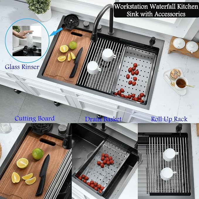 33 Inch Black Waterfall Drop In Kitchen Sink - Image 7