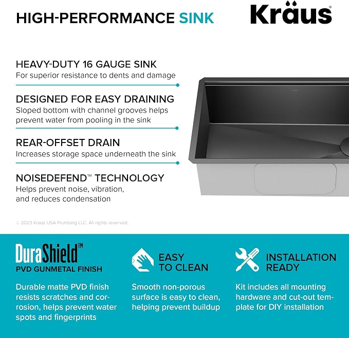 KRAUS Kore Workstation 32-inch Undermount 16 Gauge Black Stainless Steel Single - Image 5