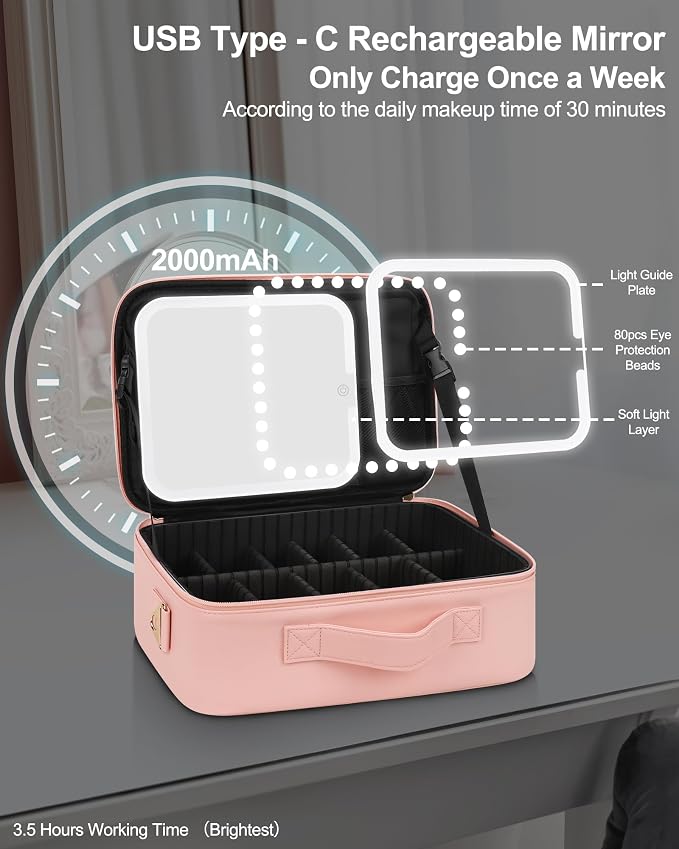 Chomeiu Makeup Bag with LED Mirror, Travel Cosmetic Train Case - Image 6