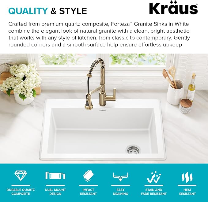 KRAUS Forteza 33-inch Granite Drop In/Undermount Single Bowl White Kitchen Sink - Image 4