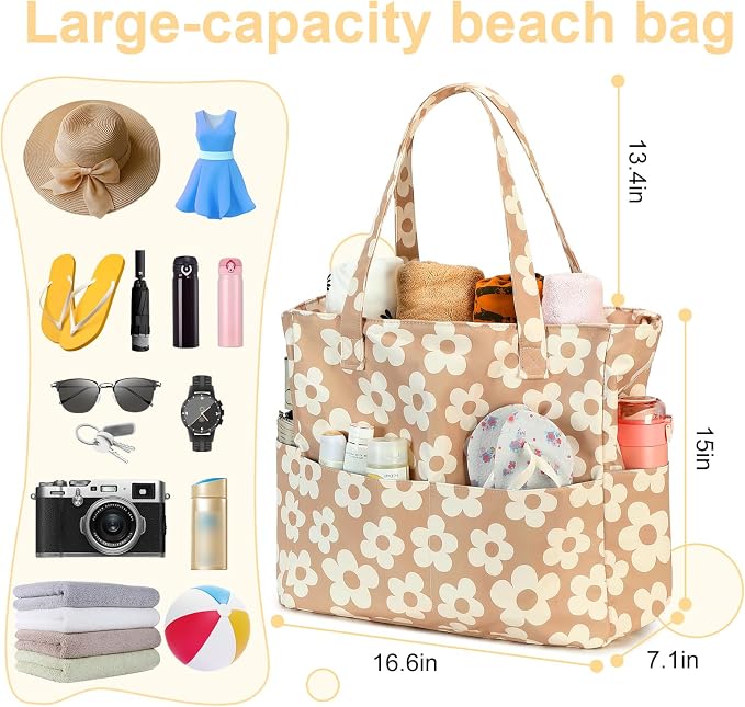 LEDAOU Large Beach Tote Bag Women Waterproof Sandproof Zipper Beach Tote Bag - Image 8