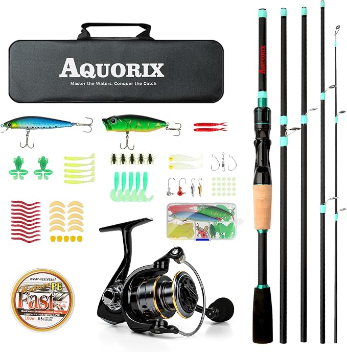 Fishing Pole Combo Set – Spinning & Baitcasting Travel Lure Rod Kit, Medium by Aquorix