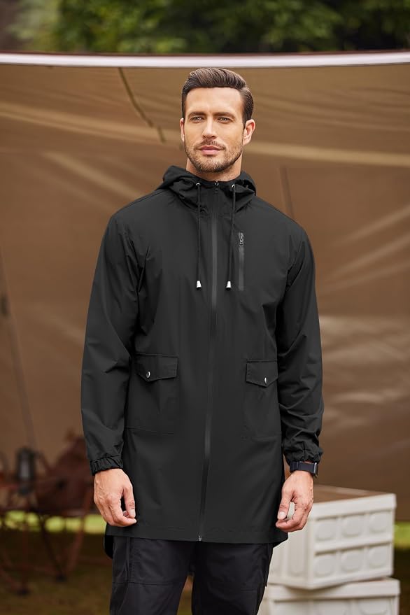 COOFANDY Men's Long Raincoat Ligtweight Rain Jacket Waterproof Outdoor Jackets - Image 2