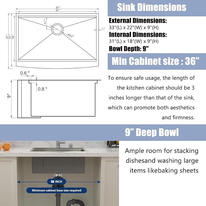 Farmhouse Sink 33 Inch, 33x22 Inch Apron Front Farmhouse Kitchen Sink, 16 Gauge - Image 3
