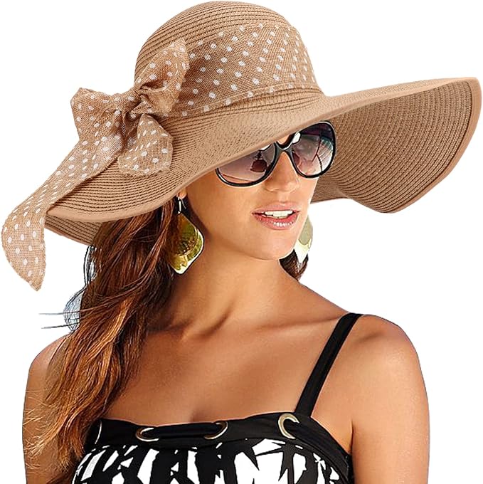 DRESHOW Beach Hats for Women Big Straw Wide Brim Summer Hat Floppy Foldable by DRESHOW