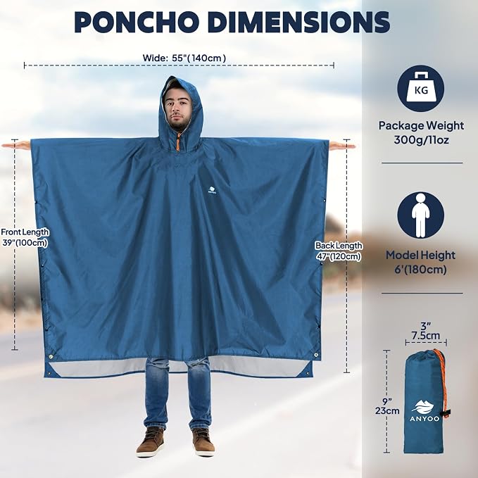 ANYOO Hooded Rain Poncho for Adults Waterproof Lightweight Rain Coat for Men - Image 2