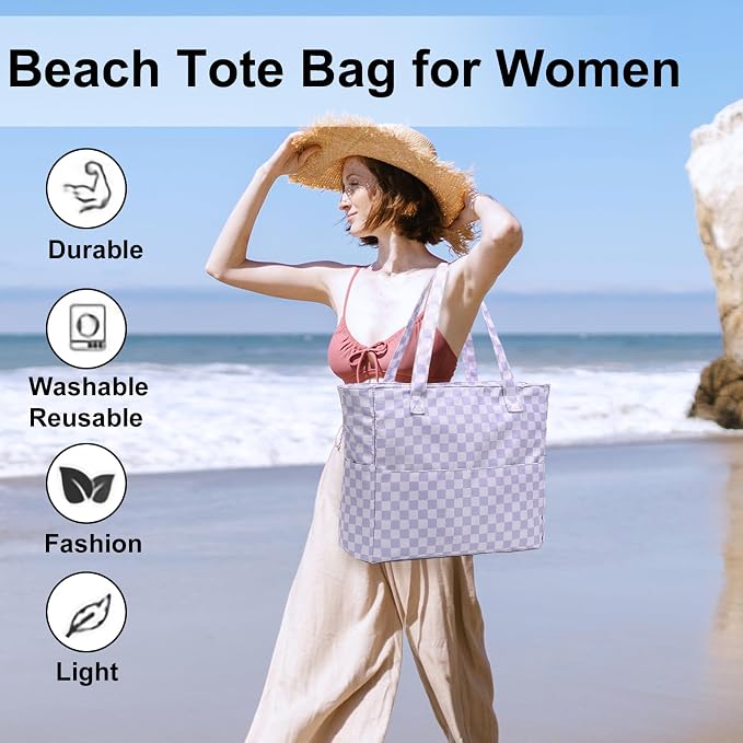 LEDAOU Large Beach Tote Bag Women Waterproof Sandproof Zipper Beach Tote Bag - Image 3