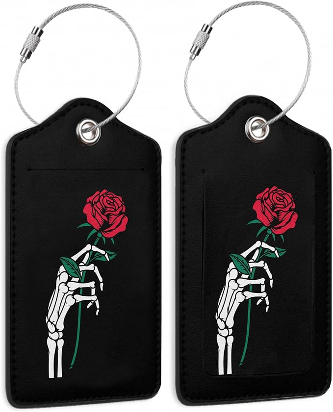 2 Pack Luggage Tag for Suitcase, Skeleton Hand Holding Rose Leather Bag Tags by TXIANT