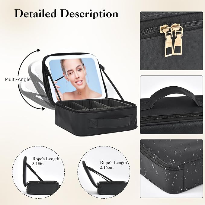 Travel Makeup Bag With LED Mirror, Cosmetic Train Case with 3 Color Setting - Image 6