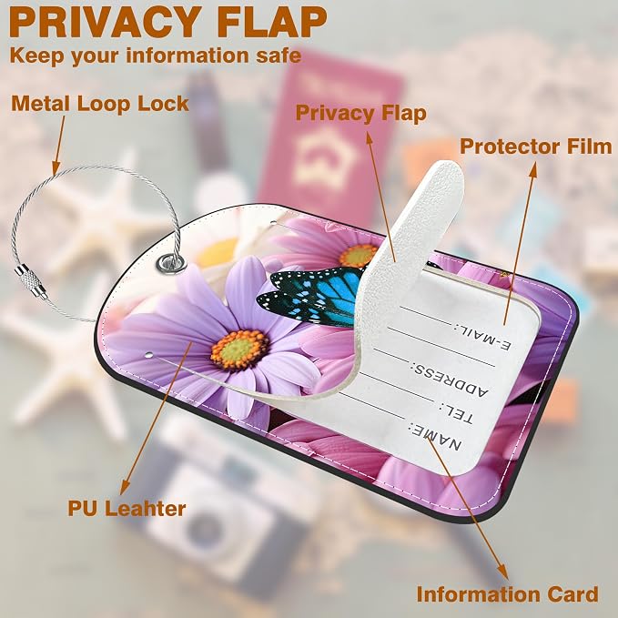 2 Pack Luggage Tag for Suitcase Purple Daisy and Butterfly Leather Suitcase Tags - Image 3