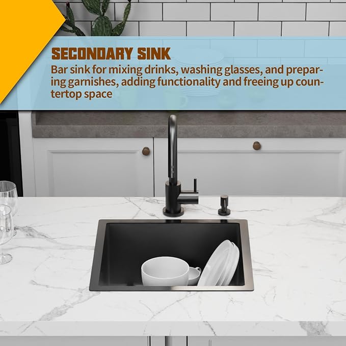 Small Black Kitchen Sink, 18x18 Inch Stainless Steel Undermount Drop In - Image 6
