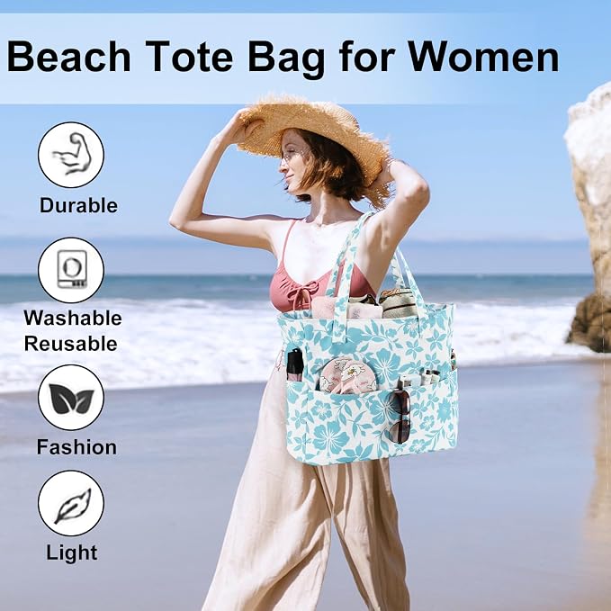 LEDAOU Large Beach Tote Bag Women Waterproof Sandproof Zipper Beach Tote Bag - Image 3