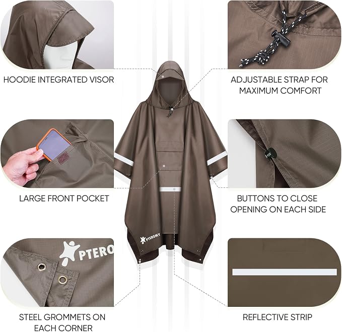 PTEROMY Hooded Rain Poncho for Adult - Image 6