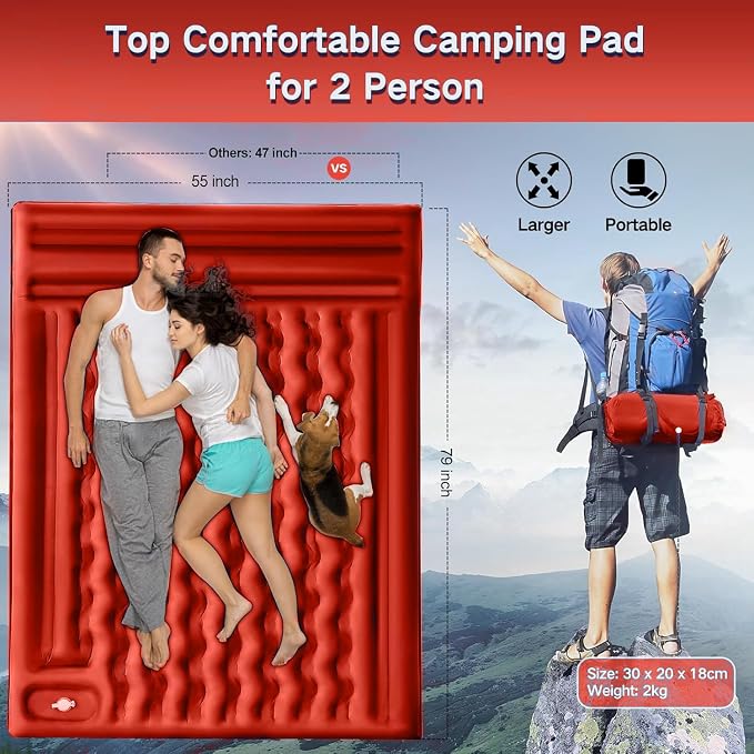 Double Sleeping Pad Camping, Self Inflating 6'' Extra-Thick 2 Person Pillow - Image 3