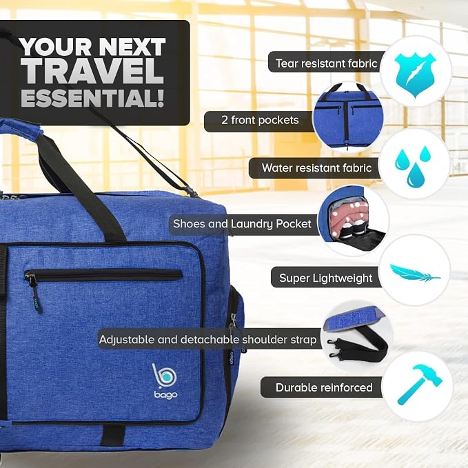 Bago Foldable Duffel Bags for Traveling Women & Men - 60L Medium Packable - Image 3
