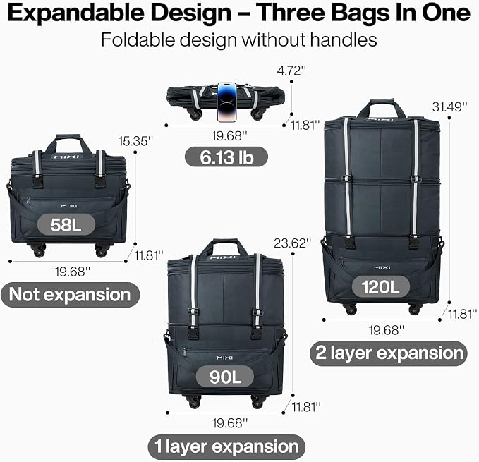 mixi Travel Bag with Wheels Expandable Foldable Luggage Bag Collapsible Rolling - Image 2