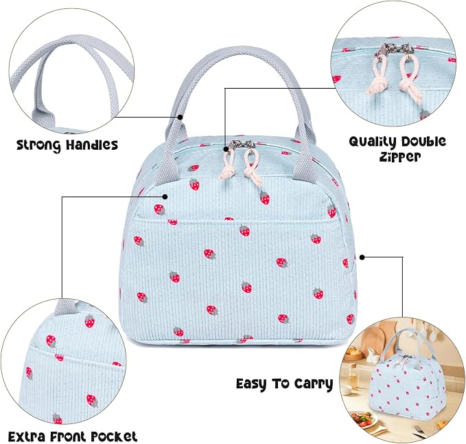 Bluboon Lunch Bag for Women Men Cute Corduroy Lunch Tote Bags Reusable - Image 2