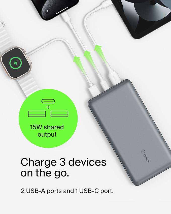Belkin Portable Charger, USB C Power Bank 20000 mAh w/ 2 USB-A Ports, 15W w/A - Image 5