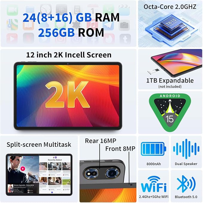 2025 Upgraded Android 15 Tablet, 12 inch Android Tablet - Image 2