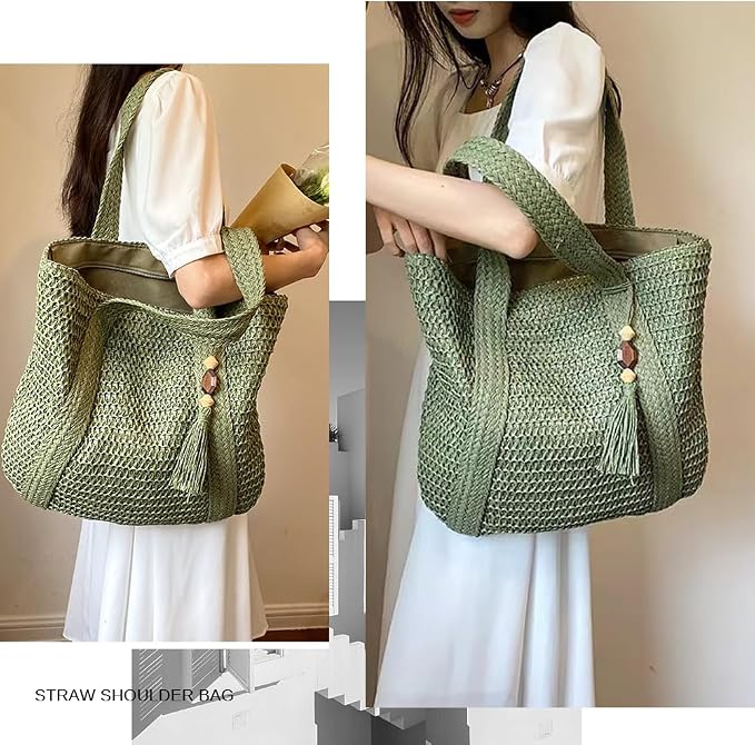 Straw Beach Bags for Women Woven Beach Tote Bag Casual Boho Large Shoulder - Image 7